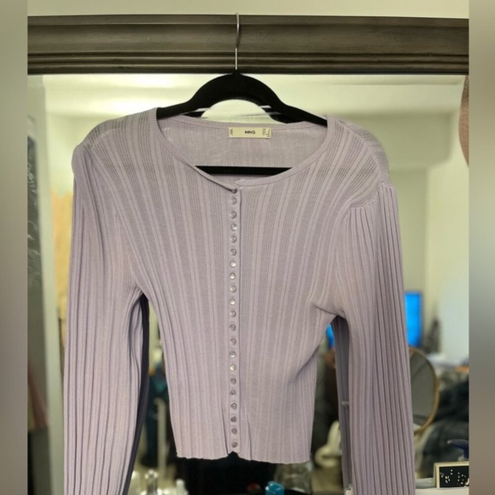 MANGO Ribbed Viscose Balloon Sleeve button Cardigan in purple